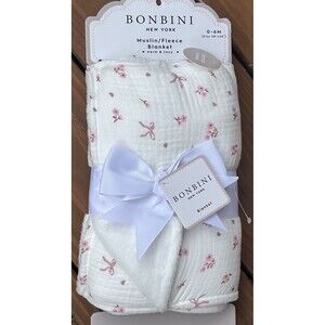 BONBINI Cotton Muslin Baby Blanket Stepping Stones Tiny Pink Flowers Ribbons New